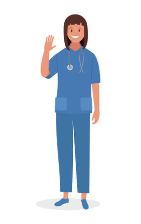 The character is a female Doctor waving her hand. Vector illustration in a flat style.のイラスト素材