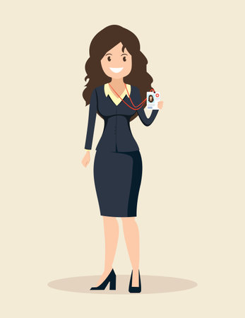 Young smiling woman journalist, female reporter shows her badge Press, live news. Vector illustration in a flat style.のイラスト素材