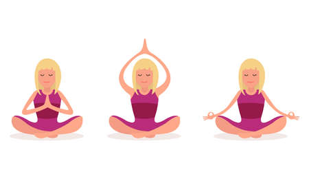 A young woman does yoga and meditation at home. Vector illustration in a flat style.のイラスト素材