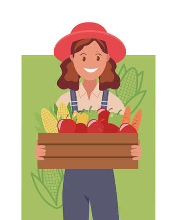 A young farmer at a farmers market sells vegetables. Vector illustration in a flat style.のイラスト素材