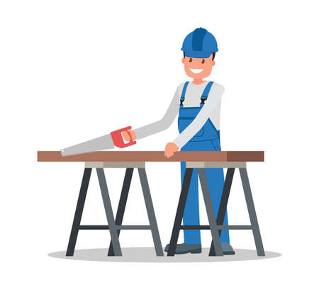 A man is a construction worker in overalls in the workplace with a tool in his hands. Vector illustration.のイラスト素材