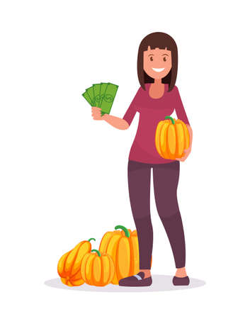 A happy smiling farm girl with a pumpkin and money. Vector illustration in a flat style.のイラスト素材