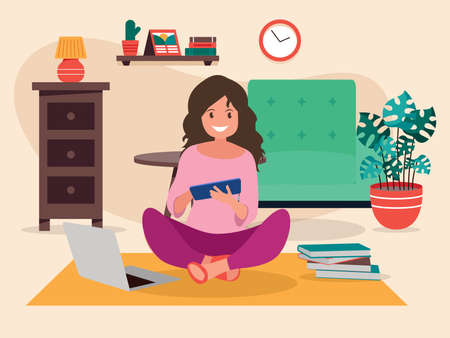 A young girl is lying on the floor at home with a laptop and books. The concept of online learning. People who study at home. Vector illustration in a flat style.のイラスト素材