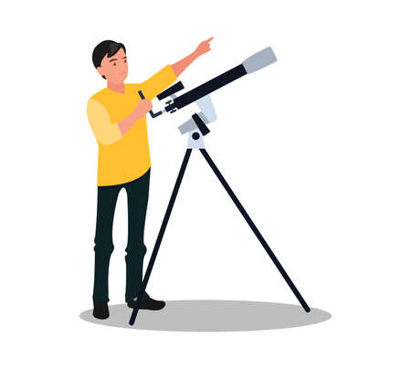 Hobby of researching and discovering planets, milky way and moon or asteroid. Side view of man character with telescope, looking through lens vector.のイラスト素材