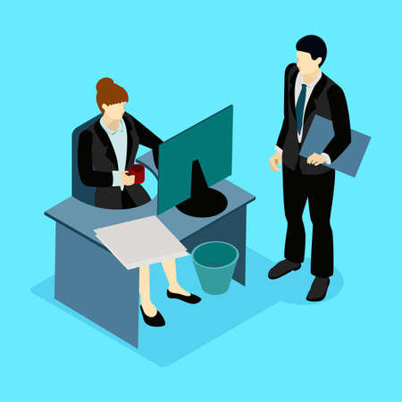 Workplace. Working on computer. Businessman looking at the laptop screen . Isometric perspectiveのイラスト素材