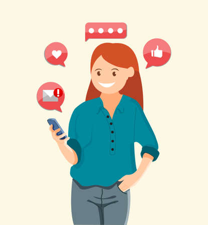 A young woman communicates in a messenger or a social network. Internet communication, online instant messaging, or information exchange.のイラスト素材