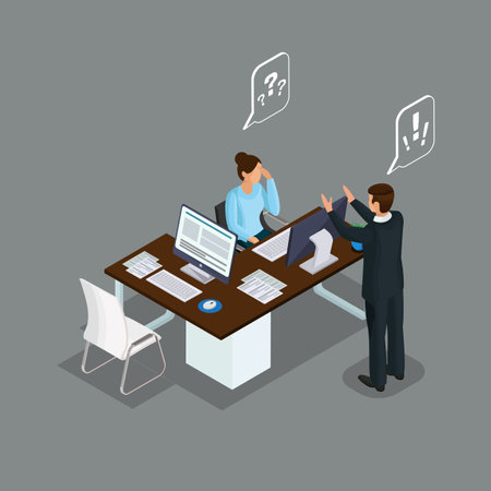 Concept of the coworking center. Business meeting. Multicultural team. Shared working environment. People talking and working at the computers in the open space office. Flat design style.のイラスト素材