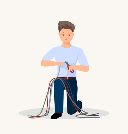 A professional technician repairs a computer in the office. Man in uniform with repair tools. Flat vector illustration. Technology, computer service concept.のイラスト素材