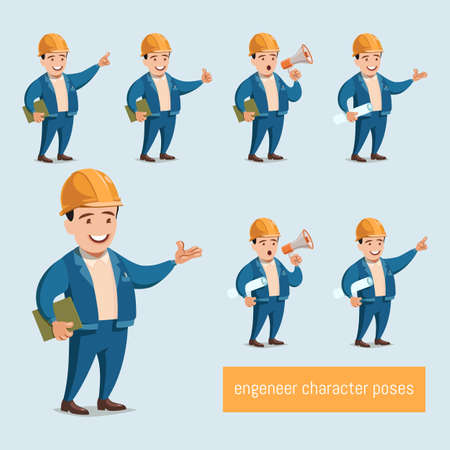 Set of Builder man wear blue jeans working character vector design. Presentation in various action with emotions, running, standing and walking.のイラスト素材