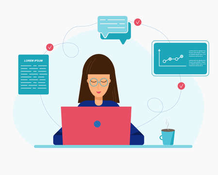 Smiling pretty girl working on laptop. Universal freelance, education, online study concept. Vector illustration in flat style.のイラスト素材