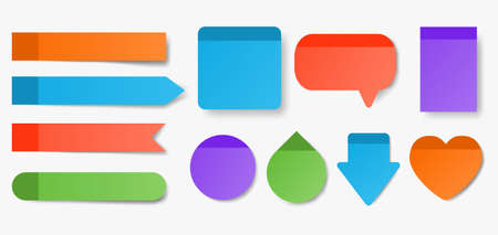 Collection of colorful sticky notes. Square, round, heart, drop, speech bubble shapes isolated on white background. Memo, bookmark, notes, blank paper sheet for planning. Vector illustration.のイラスト素材