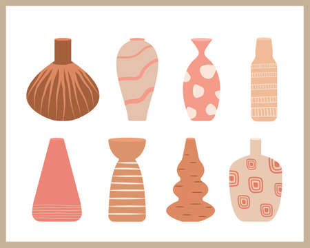 Ceramic Vase Collection. Hand Drawn Ceramic Pottery Vector Set. Different Shapes In Minimalist Style. Can Be Used As T-shirt Print, Decorative Element, Poster.のイラスト素材