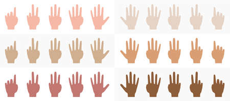 Hands Different Colors of Skin and Race Collection. Hands With Fingers to Count From One to Five set. Hand Icons. Various Hand Gestures.のイラスト素材