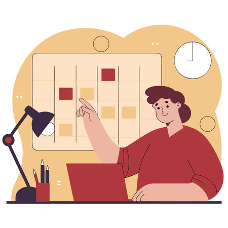 Woman analyzing data dashboard at home. Flat vector illustration.の素材