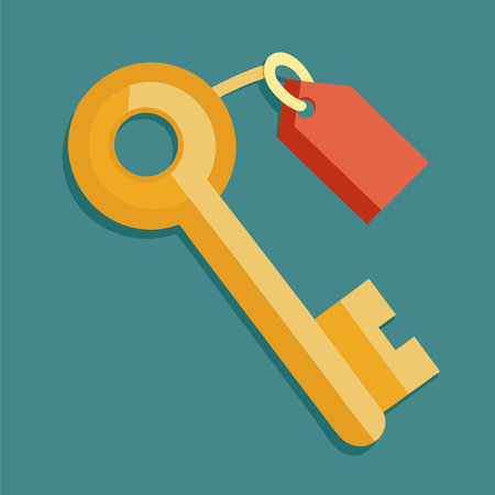Gold key with tag. Security, real estate concept image. Cartoon vector illustrationの素材