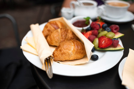 breakfast of growing with fruit cuttingの写真素材