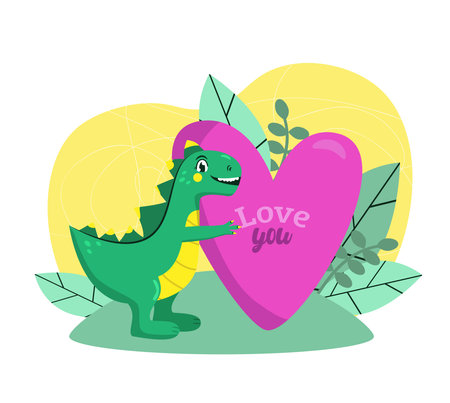 Cute green dinosaur holding a heart. Valentine dinosaur vector illustration.のイラスト素材