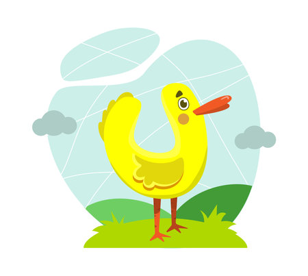 Funny background with a little duckling in a forest glade. Flat design.のイラスト素材