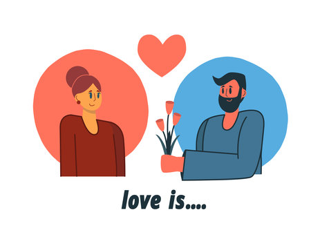 A man gives a woman a bouquet of flowers. Congratulations on the holiday or Valentine's Day. Vector illustration in cartoon styleのイラスト素材