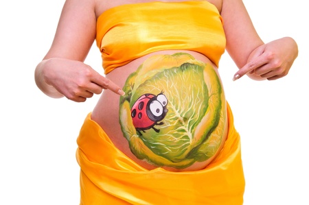 pregnant woman indicates the fingers on her belly. Picture ladybug in cabbage. isolated on a white background. close-upの写真素材