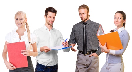 Business people standing talking, and the team look into the future. isolated on a white backgroundの写真素材