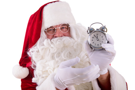 happy Santa Claus with clock. Isolated on white background