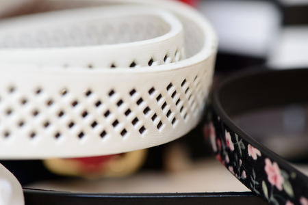 accessory two leather belts for trousers closeupの写真素材