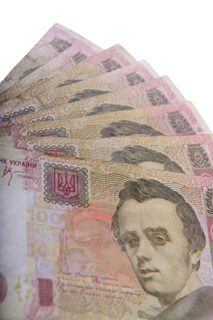 lot of one hundred Ukrainian hryvnia currency isolated on whiteの写真素材