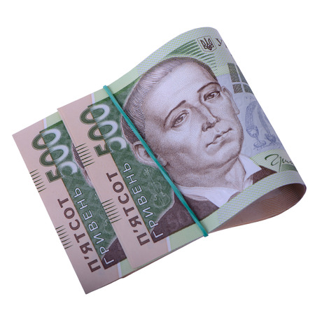 lot of five hundred Ukrainian hryvnia currency isolated on whiteの写真素材
