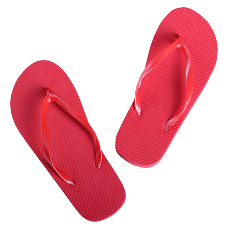 Summer shoes rubber flip flops red isolated on white backgroundの写真素材