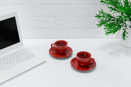 comfortable workplace office for work or education in quarantine time - home office in coffee break...