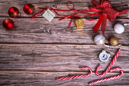Christmas background with decoration on wooden board via composition with copy space Flat Lay - concept for advertisingの写真素材