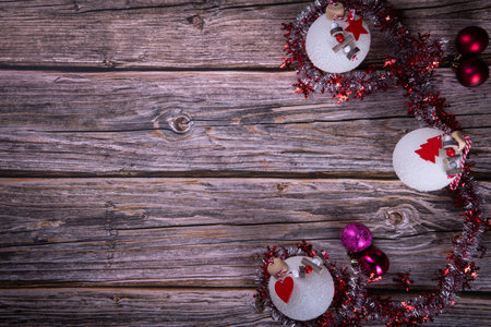 Christmas background with decoration on wooden board via composition with copy space Flat Lay - concept for advertisingの写真素材