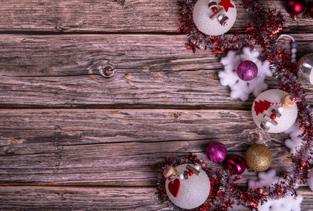 Christmas background with decoration on wooden board via composition with copy space Flat Lay - concept for advertisingの写真素材
