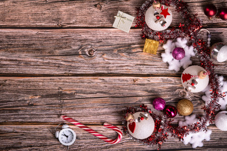 Christmas background with decoration on wooden board via composition with copy space Flat Lay - concept for advertisingの写真素材
