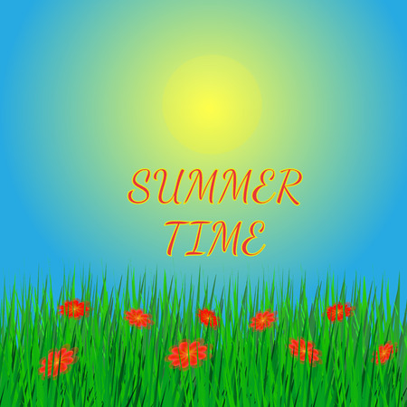 Summer background. Vector illustration. Sky, sun and grass. Background in green, blue and yellow...