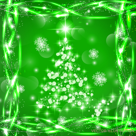 Christmas tree in green colors with lights and snowflakes. Vector illustration.のイラスト素材