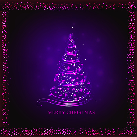 Abstract background with lilac christmas tree, lights and stars. Vector illustration in violet colors.のイラスト素材