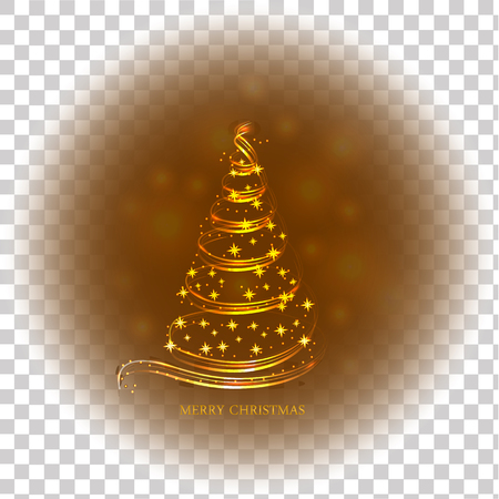 Abstract transparent background with gold christmas tree, lights and stars. Illustration in gold colors.のイラスト素材