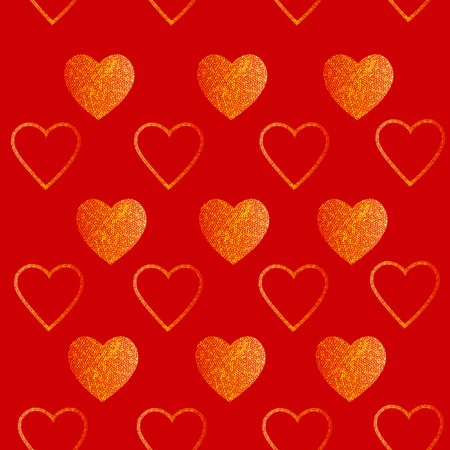 Red background with hearts. Illustration with gold glitter.
