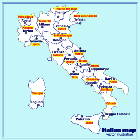 Map of Italy. Bright illustration with map. Illustration with blue background. Italy map with Italian major cities and regions. Vector illustration.のイラスト素材