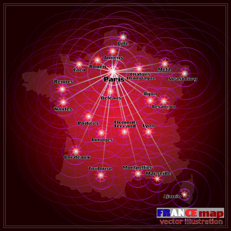 Map of France. Bright illustration with map. France map in red colors with lines communications. Vector illustration.のイラスト素材