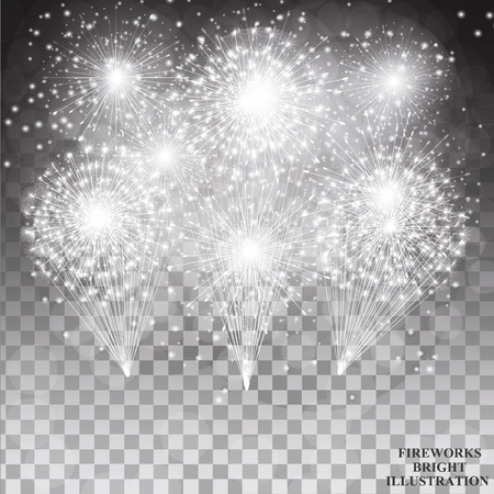 Brightly Fireworks. Holiday fireworks background. Illustration of Fireworks in black and white colors. Vector illustration with transparent background.のイラスト素材