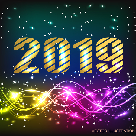 Holiday Happy New Year background. Brightly Christmas Background. Illustration with lettering design. Vector illustration.のイラスト素材