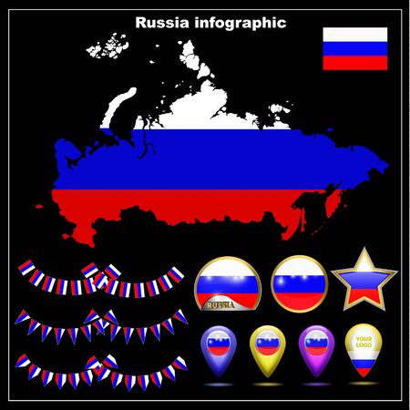Bright Map of Russia. Set illustration with map, flag, buttons and navigation web buttons. Map of Russia graphic illustration.の写真素材