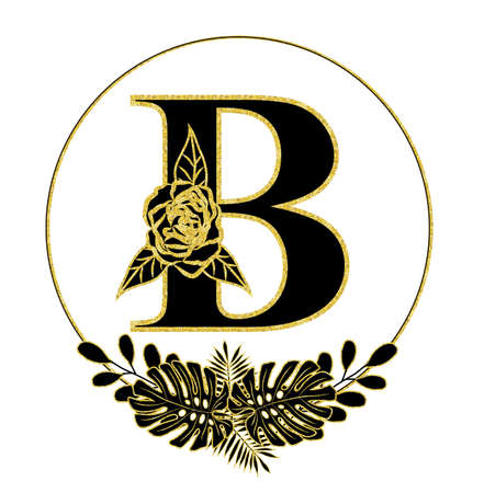 Floral Alphabet Letter B. Gold Monogram Letter in Frame. Botanical Alphabet. Wedding Monogram. Gold Floral Font. Alphabet with Rose.の写真素材