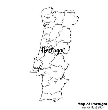 Map of Portugal. Bright illustration with map. Illustration with gray background. Portugal map with portuguese major cities. Illustration.のイラスト素材