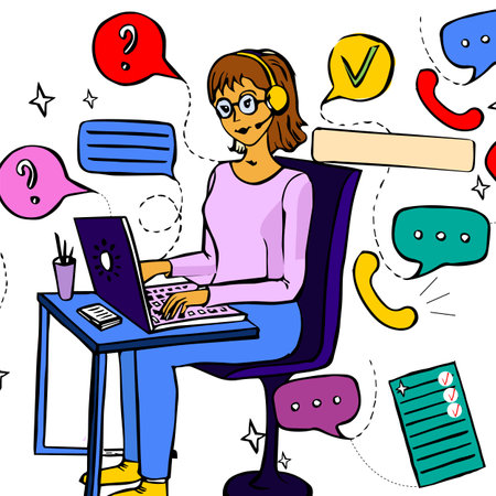 Business illustration. Call center operator. Girl at work at the computer. Employee in office. Student on the computer.のイラスト素材