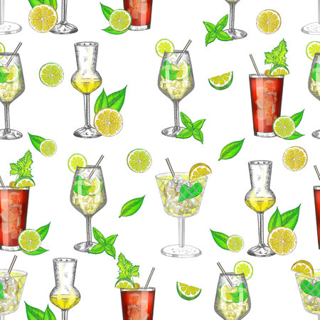 Pattern with cocktails. Repeating pattern with summer drinks. Hand drawn illustrations.の写真素材
