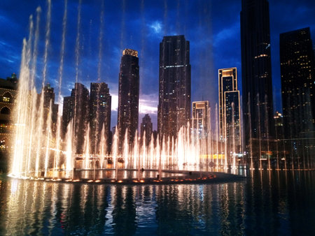 The magnificent Dubai Fountains are one of the most spectacular water, light and music shows in the world. Situated in center city Dubai.の写真素材
